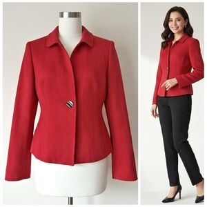 Nina McLemore Bright Red Textured Cotton One Button Blazer Silk Lined Size 2